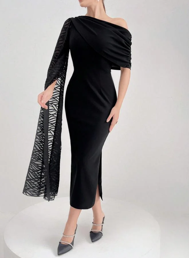 تايك تو فستان ميدي بياقة غير متماثلة ودانتيل درابيه